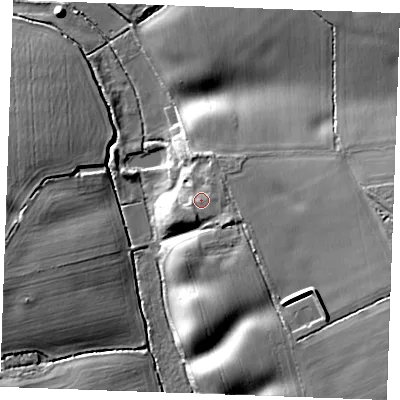 Shaded relief map of the ground around CM74QF, computed from Environment Agency LiDAR. The ground here sits at about 80 m above sea level and falls 16 m across the surrounding 800 m. Surface water reaching this point runs off ground lying to the east-north-east, 1.9 m higher.