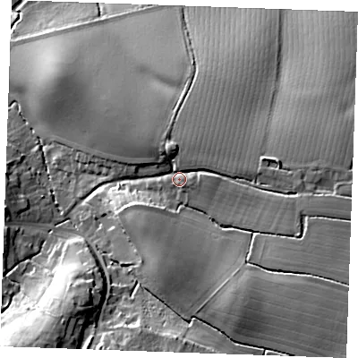 Shaded relief map of the ground around CM74QG, computed from Environment Agency LiDAR. The ground here sits at about 72 m above sea level and falls 24 m across the surrounding 800 m. Surface water reaching this point runs off ground lying to the east-south-east, 9.1 m higher.