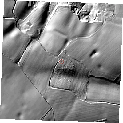 Shaded relief map of the ground around CM74QP, computed from Environment Agency LiDAR. The ground here sits at about 80 m above sea level and falls 33 m across the surrounding 800 m. Surface water reaching this point runs off ground lying to the west-north-west, 1.2 m higher.