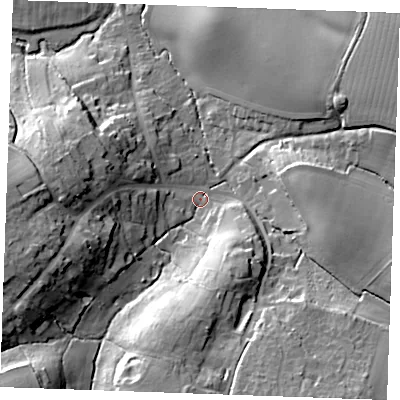 Shaded relief map of the ground around CM74RH, computed from Environment Agency LiDAR. The ground here sits at about 63 m above sea level and falls 25 m across the surrounding 800 m. Surface water reaching this point runs off ground lying to the west-south-west, 19.2 m higher.