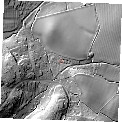 Shaded relief map of the ground around CM74RJ, computed from Environment Agency LiDAR. The ground here sits at about 64 m above sea level and falls 24 m across the surrounding 800 m. Surface water reaching this point runs off ground lying to the east-north-east, 10.5 m higher.