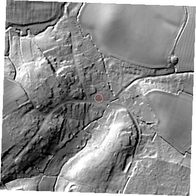 Shaded relief map of the ground around CM74RQ, computed from Environment Agency LiDAR. The ground here sits at about 63 m above sea level and falls 25 m across the surrounding 800 m. Surface water reaching this point runs off ground lying to the west, 11.3 m higher.