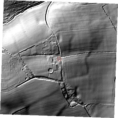 Shaded relief map of the ground around CM74SH, computed from Environment Agency LiDAR. The ground here sits at about 83 m above sea level and falls 36 m across the surrounding 800 m. Surface water reaching this point runs off ground lying to the west, 11.9 m higher.