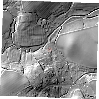 Shaded relief map of the ground around CM74TA, computed from Environment Agency LiDAR. The ground here sits at about 59 m above sea level and falls 26 m across the surrounding 800 m. Surface water reaching this point runs off ground lying to the south-south-west, 19.8 m higher.