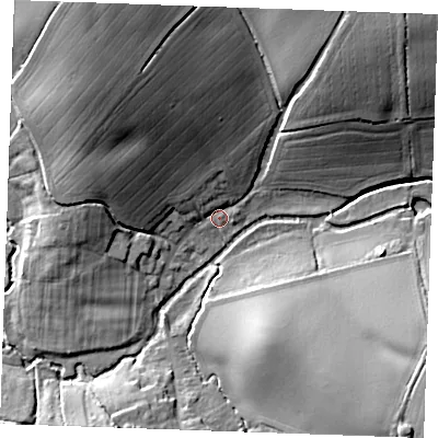 Shaded relief map of the ground around CM74TE, computed from Environment Agency LiDAR. The ground here sits at about 58 m above sea level and falls 26 m across the surrounding 800 m. Surface water reaching this point runs off ground lying to the north-north-west, 22.9 m higher.