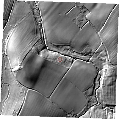 Shaded relief map of the ground around CM74TL, computed from Environment Agency LiDAR. The ground here sits at about 62 m above sea level and falls 24 m across the surrounding 800 m. Surface water reaching this point runs off ground lying to the west-south-west, 12.3 m higher.