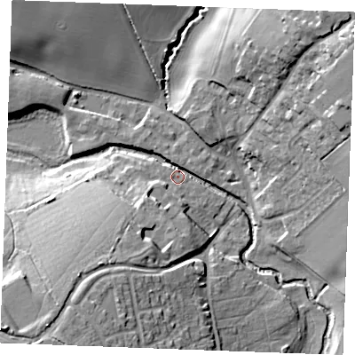 Shaded relief map of the ground around CM75BS, computed from Environment Agency LiDAR. The ground here sits at about 42 m above sea level and falls 26 m across the surrounding 800 m. Surface water reaching this point runs off ground lying to the south-west, 18.7 m higher.