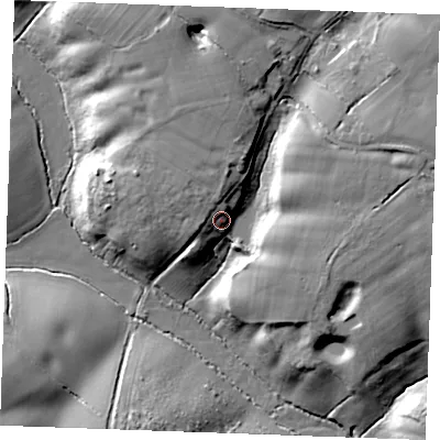 Shaded relief map of the ground around CM75EP, computed from Environment Agency LiDAR. The ground here sits at about 75 m above sea level and falls 19 m across the surrounding 800 m. Surface water reaching this point runs off ground lying to the north-north-west, 8.3 m higher.
