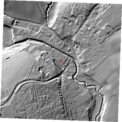 Shaded relief map of the ground around CM75FQ, computed from Environment Agency LiDAR. The ground here sits at about 42 m above sea level and falls 26 m across the surrounding 800 m. Surface water reaching this point runs off ground lying to the south-west, 9.5 m higher.