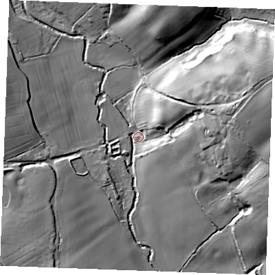 Shaded relief map of the ground around CM75FU, computed from Environment Agency LiDAR. The ground here sits at about 46 m above sea level and falls 33 m across the surrounding 800 m. Surface water reaching this point runs off ground lying to the east-north-east, 32.1 m higher.