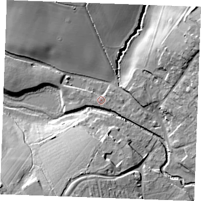 Shaded relief map of the ground around CM75GD, computed from Environment Agency LiDAR. The ground here sits at about 42 m above sea level and falls 24 m across the surrounding 800 m. Surface water reaching this point runs off ground lying to the north-east, 3.4 m higher.