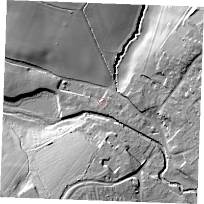 Shaded relief map of the ground around CM75GE, computed from Environment Agency LiDAR. The ground here sits at about 42 m above sea level and falls 23 m across the surrounding 800 m. Surface water reaching this point runs off ground lying to the north-east, 3.4 m higher.