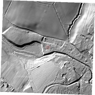 Shaded relief map of the ground around CM75GF, computed from Environment Agency LiDAR. The ground here sits at about 43 m above sea level and falls 26 m across the surrounding 800 m. Surface water reaching this point runs off ground lying to the south-south-west, 1.4 m higher.