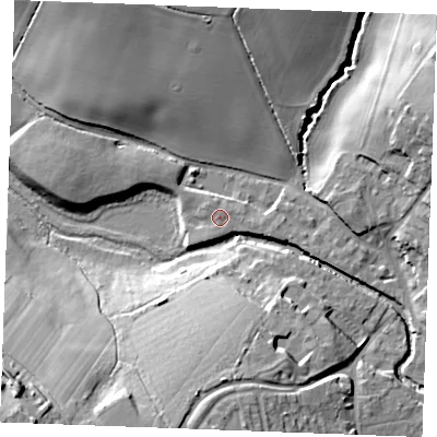 Shaded relief map of the ground around CM75GG, computed from Environment Agency LiDAR. The ground here sits at about 43 m above sea level and falls 26 m across the surrounding 800 m. Surface water reaching this point runs off ground lying to the north-north-west, 0.6 m higher.