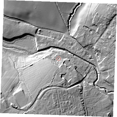 Shaded relief map of the ground around CM75GJ, computed from Environment Agency LiDAR. The ground here sits at about 44 m above sea level and falls 26 m across the surrounding 800 m. Surface water reaching this point runs off ground lying to the south-south-west, 14.7 m higher.