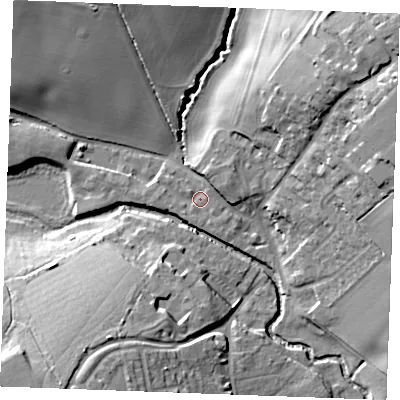 Shaded relief map of the ground around CM75GR, computed from Environment Agency LiDAR. The ground here sits at about 42 m above sea level and falls 24 m across the surrounding 800 m. Surface water reaching this point runs off ground lying to the north-east, 20.8 m higher.