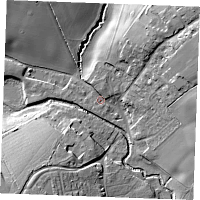 Shaded relief map of the ground around CM75GS, computed from Environment Agency LiDAR. The ground here sits at about 42 m above sea level and falls 24 m across the surrounding 800 m. Surface water reaching this point runs off ground lying to the north-east, 20.8 m higher.