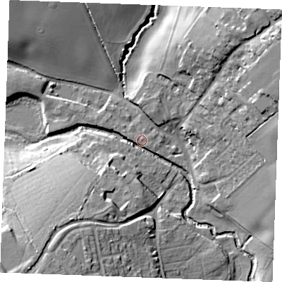 Shaded relief map of the ground around CM75GT, computed from Environment Agency LiDAR. The ground here sits at about 42 m above sea level and falls 24 m across the surrounding 800 m. Surface water reaching this point runs off ground lying to the north-east, 20.8 m higher.
