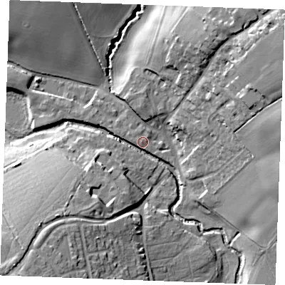 Shaded relief map of the ground around CM75GU, computed from Environment Agency LiDAR. The ground here sits at about 42 m above sea level and falls 25 m across the surrounding 800 m. Surface water reaching this point runs off ground lying to the south-west, 19.3 m higher.