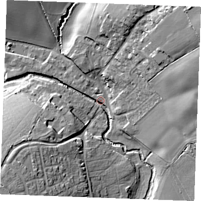 Shaded relief map of the ground around CM75GW, computed from Environment Agency LiDAR. The ground here sits at about 41 m above sea level and falls 27 m across the surrounding 800 m. Surface water reaching this point runs off ground lying to the north-east, 26.9 m higher.