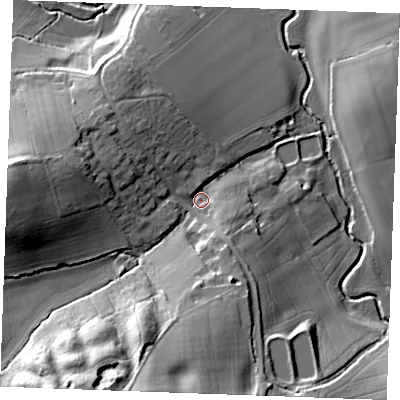 Shaded relief map of the ground around CM75HH, computed from Environment Agency LiDAR. The ground here sits at about 52 m above sea level and falls 28 m across the surrounding 800 m. Surface water reaching this point runs off ground lying to the south-south-west, 22.5 m higher.