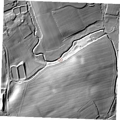 Shaded relief map of the ground around CM75HY, computed from Environment Agency LiDAR. The ground here sits at about 47 m above sea level and falls 36 m across the surrounding 800 m. Surface water reaching this point runs off ground lying to the south-west, 34.8 m higher.