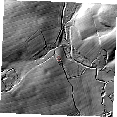 Shaded relief map of the ground around CM75JA, computed from Environment Agency LiDAR. The ground here sits at about 52 m above sea level and falls 31 m across the surrounding 800 m. Surface water reaching this point runs off ground lying to the south-south-west, 3.1 m higher.