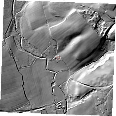 Shaded relief map of the ground around CM75JB, computed from Environment Agency LiDAR. The ground here sits at about 49 m above sea level and falls 36 m across the surrounding 800 m. Surface water reaching this point runs off ground lying to the north-east, 25.7 m higher.