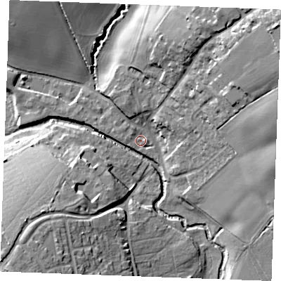 Shaded relief map of the ground around CM75JN, computed from Environment Agency LiDAR. The ground here sits at about 41 m above sea level and falls 27 m across the surrounding 800 m. Surface water reaching this point runs off ground lying to the west-north-west, 2.3 m higher.