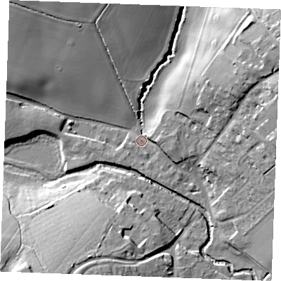 Shaded relief map of the ground around CM75JR, computed from Environment Agency LiDAR. The ground here sits at about 42 m above sea level and falls 23 m across the surrounding 800 m. Surface water reaching this point runs off ground lying to the north-east, 20.8 m higher.