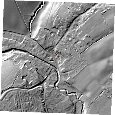 Shaded relief map of the ground around CM75JS, computed from Environment Agency LiDAR. The ground here sits at about 41 m above sea level and falls 28 m across the surrounding 800 m. Surface water reaching this point runs off ground lying to the north-east, 26.3 m higher.