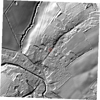 Shaded relief map of the ground around CM75JY, computed from Environment Agency LiDAR. The ground here sits at about 48 m above sea level and falls 29 m across the surrounding 800 m. Surface water reaching this point runs off ground lying to the east-north-east, 19.5 m higher.