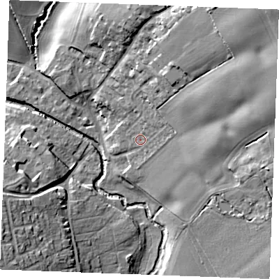 Shaded relief map of the ground around CM75LT, computed from Environment Agency LiDAR. The ground here sits at about 45 m above sea level and falls 30 m across the surrounding 800 m. Surface water reaching this point runs off ground lying to the north-east, 24.2 m higher.