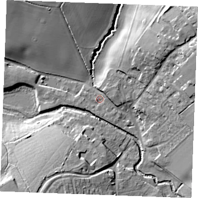 Shaded relief map of the ground around CM75ND, computed from Environment Agency LiDAR. The ground here sits at about 42 m above sea level and falls 23 m across the surrounding 800 m. Surface water reaching this point runs off ground lying to the north-east, 20.8 m higher.