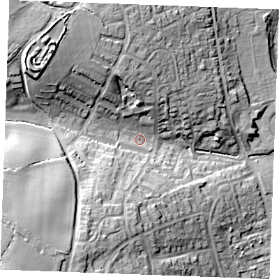 Shaded relief map of the ground around CM75QU, computed from Environment Agency LiDAR. The ground here sits at about 48 m above sea level and falls 31 m across the surrounding 800 m. Surface water reaching this point runs off ground lying to the south-west, 22.4 m higher.