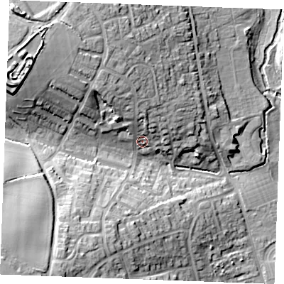 Shaded relief map of the ground around CM75RB, computed from Environment Agency LiDAR. The ground here sits at about 50 m above sea level and falls 30 m across the surrounding 800 m. Surface water reaching this point runs off ground lying to the north, 7.8 m higher.