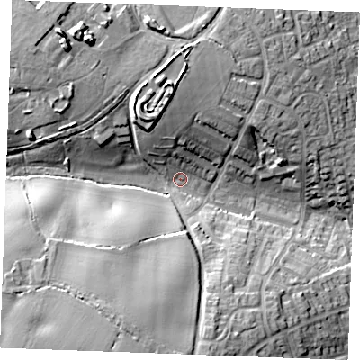 Shaded relief map of the ground around CM75RY, computed from Environment Agency LiDAR. The ground here sits at about 52 m above sea level and falls 25 m across the surrounding 800 m. Surface water reaching this point runs off ground lying to the south-west, 19.4 m higher.