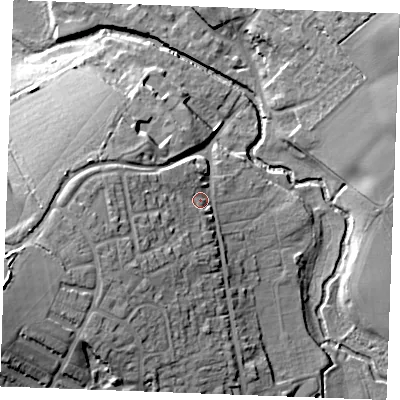 Shaded relief map of the ground around CM75SG, computed from Environment Agency LiDAR. The ground here sits at about 49 m above sea level and falls 26 m across the surrounding 800 m. Surface water reaching this point runs off ground lying to the west-south-west, 15.2 m higher.