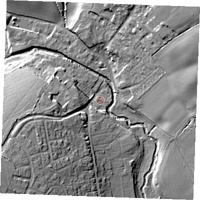 Shaded relief map of the ground around CM75SQ, computed from Environment Agency LiDAR. The ground here sits at about 41 m above sea level and falls 24 m across the surrounding 800 m. Surface water reaching this point runs off ground lying to the west-south-west, 21.9 m higher.