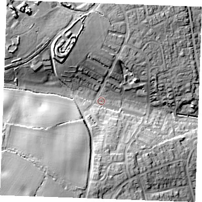 Shaded relief map of the ground around CM75TG, computed from Environment Agency LiDAR. The ground here sits at about 50 m above sea level and falls 27 m across the surrounding 800 m. Surface water reaching this point runs off ground lying to the south-west, 20.3 m higher.