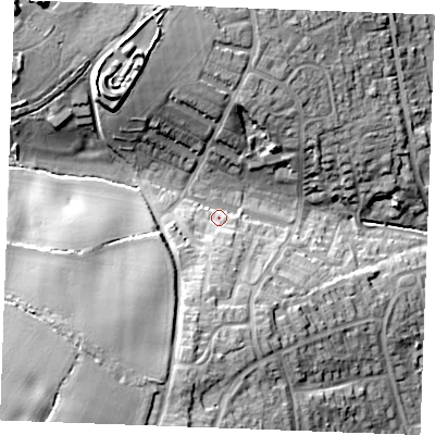 Shaded relief map of the ground around CM75TH, computed from Environment Agency LiDAR. The ground here sits at about 52 m above sea level and falls 28 m across the surrounding 800 m. Surface water reaching this point runs off ground lying to the south, 9.0 m higher.