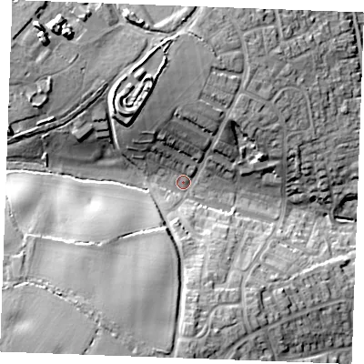 Shaded relief map of the ground around CM75TQ, computed from Environment Agency LiDAR. The ground here sits at about 51 m above sea level and falls 26 m across the surrounding 800 m. Surface water reaching this point runs off ground lying to the south-west, 20.0 m higher.
