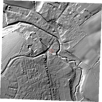 Shaded relief map of the ground around CM75XT, computed from Environment Agency LiDAR. The ground here sits at about 41 m above sea level and falls 24 m across the surrounding 800 m. Surface water reaching this point runs off ground lying to the west-south-west, 21.5 m higher.