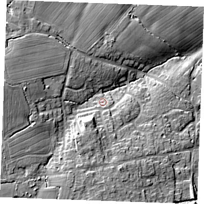 Shaded relief map of the ground around CM776BU, computed from Environment Agency LiDAR. The ground here sits at about 70 m above sea level and falls 21 m across the surrounding 800 m. Surface water reaching this point runs off ground lying to the south-south-east, 2.1 m higher.