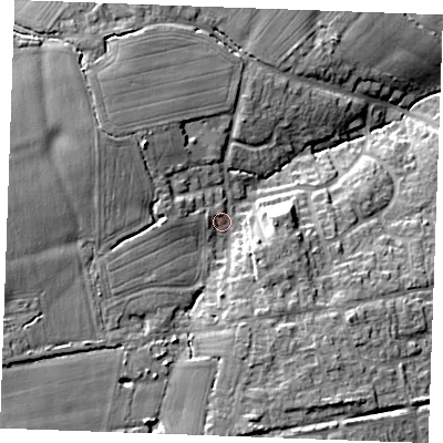 Shaded relief map of the ground around CM776BZ, computed from Environment Agency LiDAR. The ground here sits at about 72 m above sea level and falls 18 m across the surrounding 800 m. Surface water reaching this point runs off ground lying to the west, 8.5 m higher.