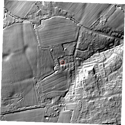 Shaded relief map of the ground around CM776DE, computed from Environment Agency LiDAR. The ground here sits at about 74 m above sea level and falls 17 m across the surrounding 800 m. Surface water reaching this point runs off ground lying to the north-west, 4.8 m higher.