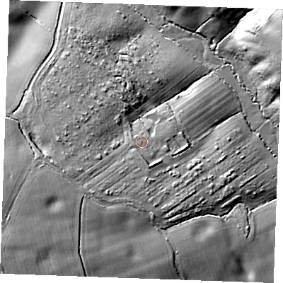 Shaded relief map of the ground around CM776DN, computed from Environment Agency LiDAR. The ground here sits at about 76 m above sea level and falls 24 m across the surrounding 800 m. Surface water reaching this point runs off ground lying to the south-west, 7.4 m higher.