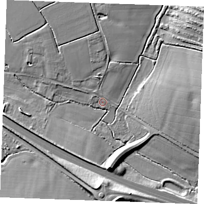 Shaded relief map of the ground around CM776SF, computed from Environment Agency LiDAR. The ground here sits at about 71 m above sea level and falls 14 m across the surrounding 800 m. Surface water reaching this point runs off ground lying to the south, 12.2 m higher.