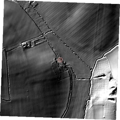 Shaded relief map of the ground around CO108DH, computed from Environment Agency LiDAR. The ground here sits at about 70 m above sea level and falls 31 m across the surrounding 800 m. Surface water reaching this point runs off ground lying to the west-south-west, 9.8 m higher.