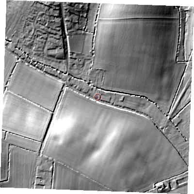 Shaded relief map of the ground around CO108DL, computed from Environment Agency LiDAR. The ground here sits at about 73 m above sea level and falls 30 m across the surrounding 800 m. Surface water reaching this point runs off ground lying to the south-west, 25.6 m higher.